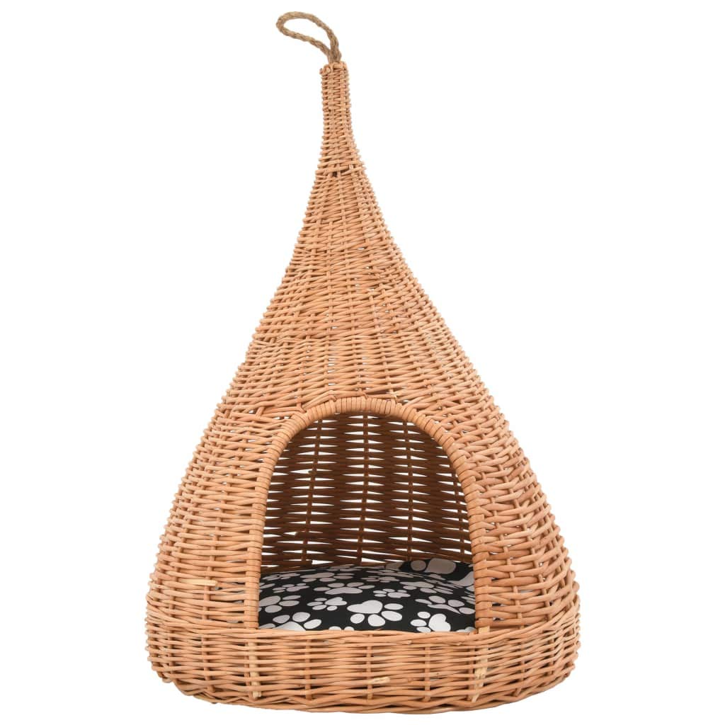 Katzenhaus aus Naturweide, Katzenhöhle Tipi-Design 40x60 cm, handgemachter Katzenkorb zum Aufhängen mit Kissen, Kuschelhöhle für Kätzchen und kleine Katzen