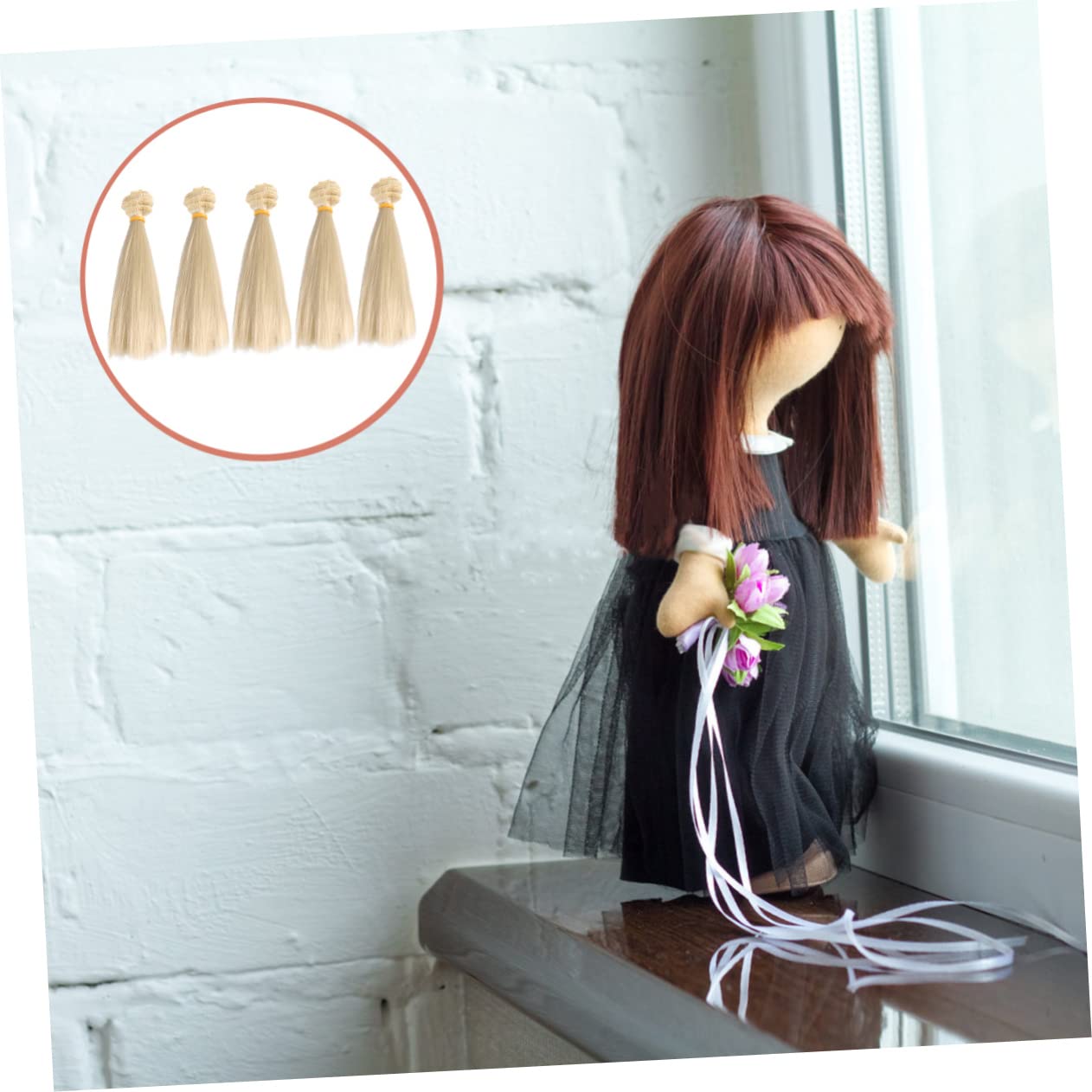 Peluca de Muñeca DIY de Pelo Liso 5 Piezas 15 Cm Resistentes al Calor para Manualidades Niñas Peluca Recta Caqui Oscuro Fácil de Usar para Muñecas
