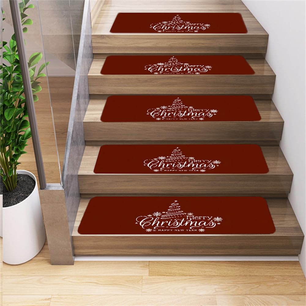 Odot Noël Tapis Escalier, Tapis Escalier Antidérapant,Muet Moquette Escalier Lavable, Marchettes d'Escalier Auto-Adhésif, pour Enfants, Aînés et Animaux de Compagnie (Noël,Lot de 10)