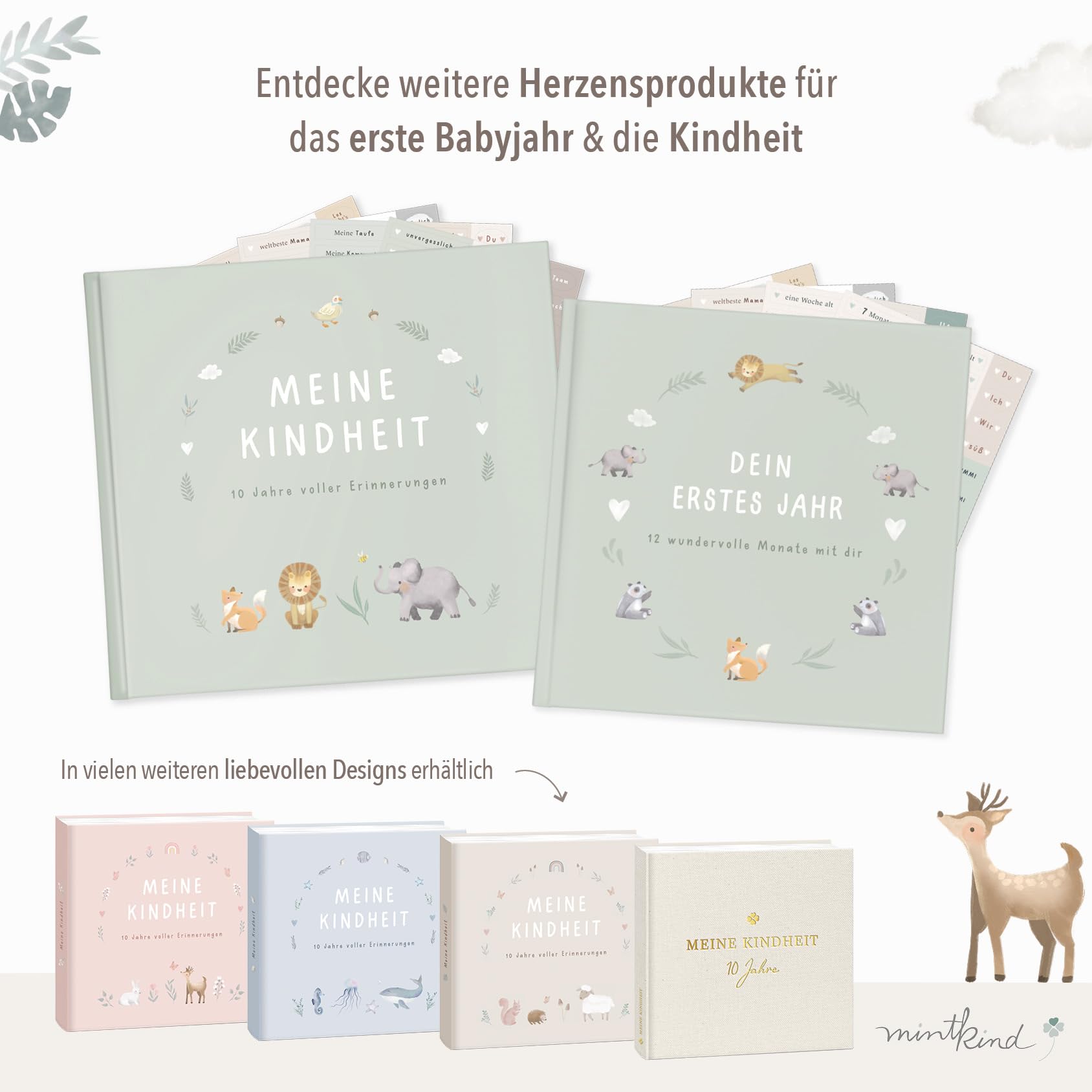 mintkind® Erinnerungsalbum Kindheit Salbei, Babybuch mit Sticker Set, Geschenk zur Geburt, Fotoalbum Kinder, Tagebuch zum Eintragen, Erinnerungsbuch 0–10 Jahre, Hardcover Album