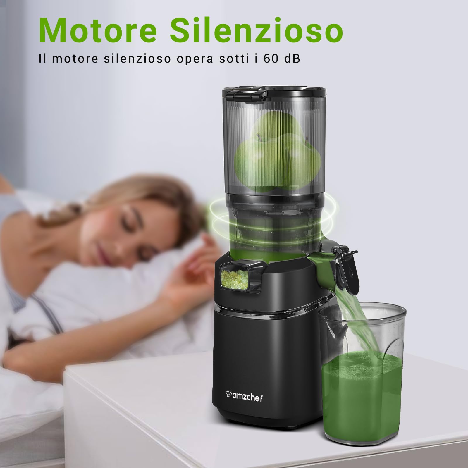 AMZCHEF Estrattore Automatico, Apertura 135MM e Capacità 1,8L Estrattore Frutta e Verdura Intera, 250W Estrattori di Succhi Professionale con Triplo Filtro - Nero