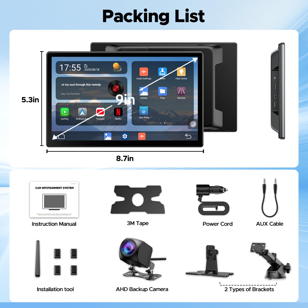 LAMTTO Net-flix Carplay Android Auto ekran samochodowy 3 w 1 z YouTube, Tiktok, ekran dotykowy 9 cali, kamera kopii zapasowej, nawigacji, asystenta głosowego, Spotify, Bluetooth, AUX, FM, OTA