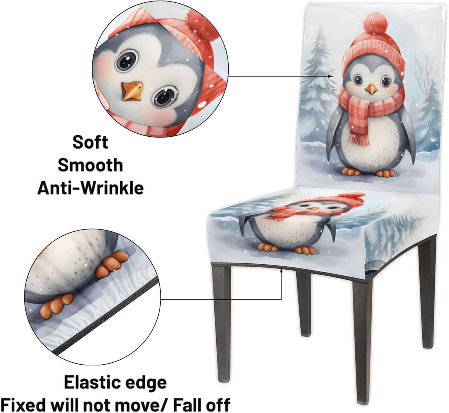 QsirBC Snowy Cute Penguin Stretch Dining Room Chair Covers Set of 6 Chair Slipcovers Removable Washable Kitchen Seat Covers Chair Protectors for Hotel Party Wedding