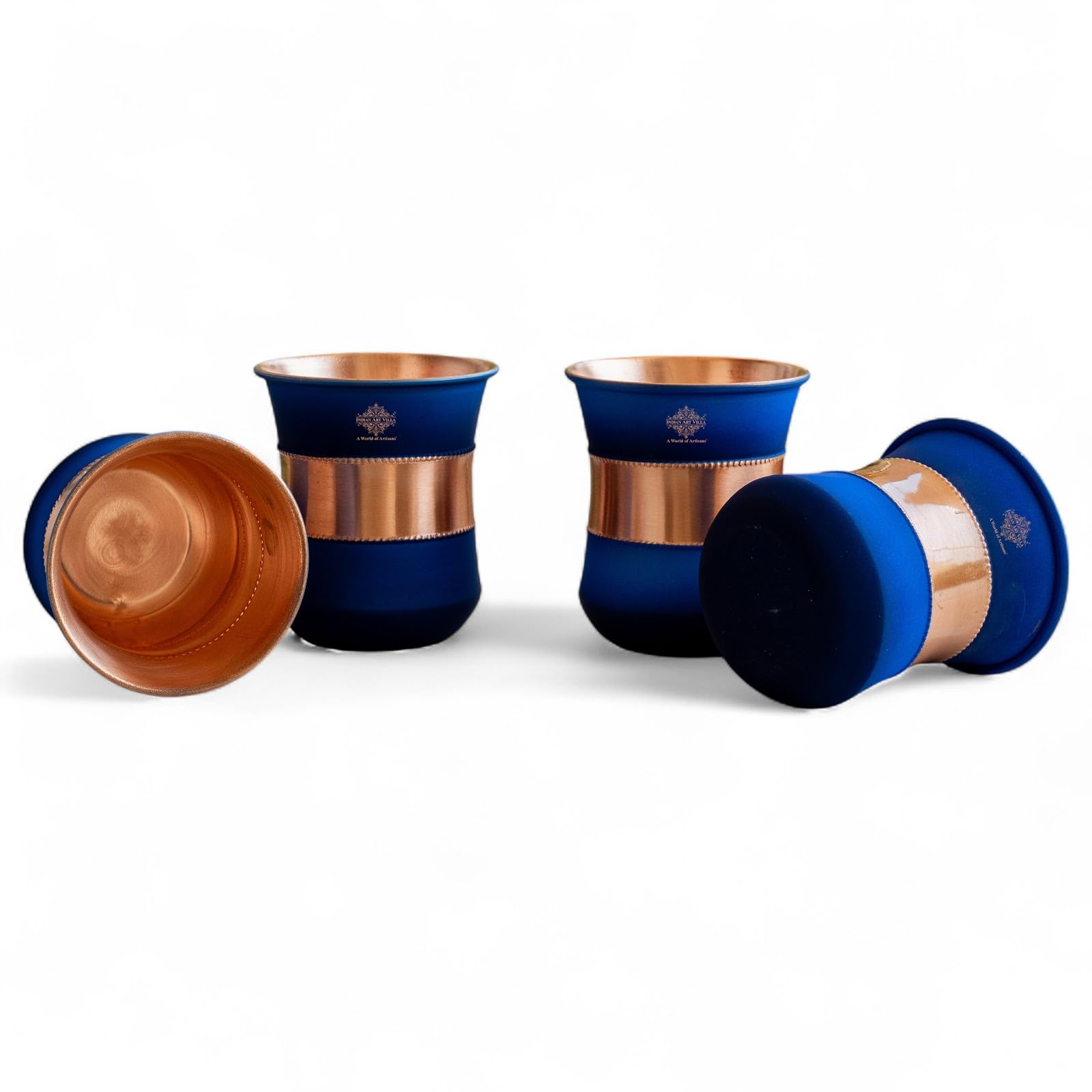 Indian Art Villa Copper Half Silk Finish Blue Ombre Glass 10 Oz Pure Copper Drinkware for Daily Use