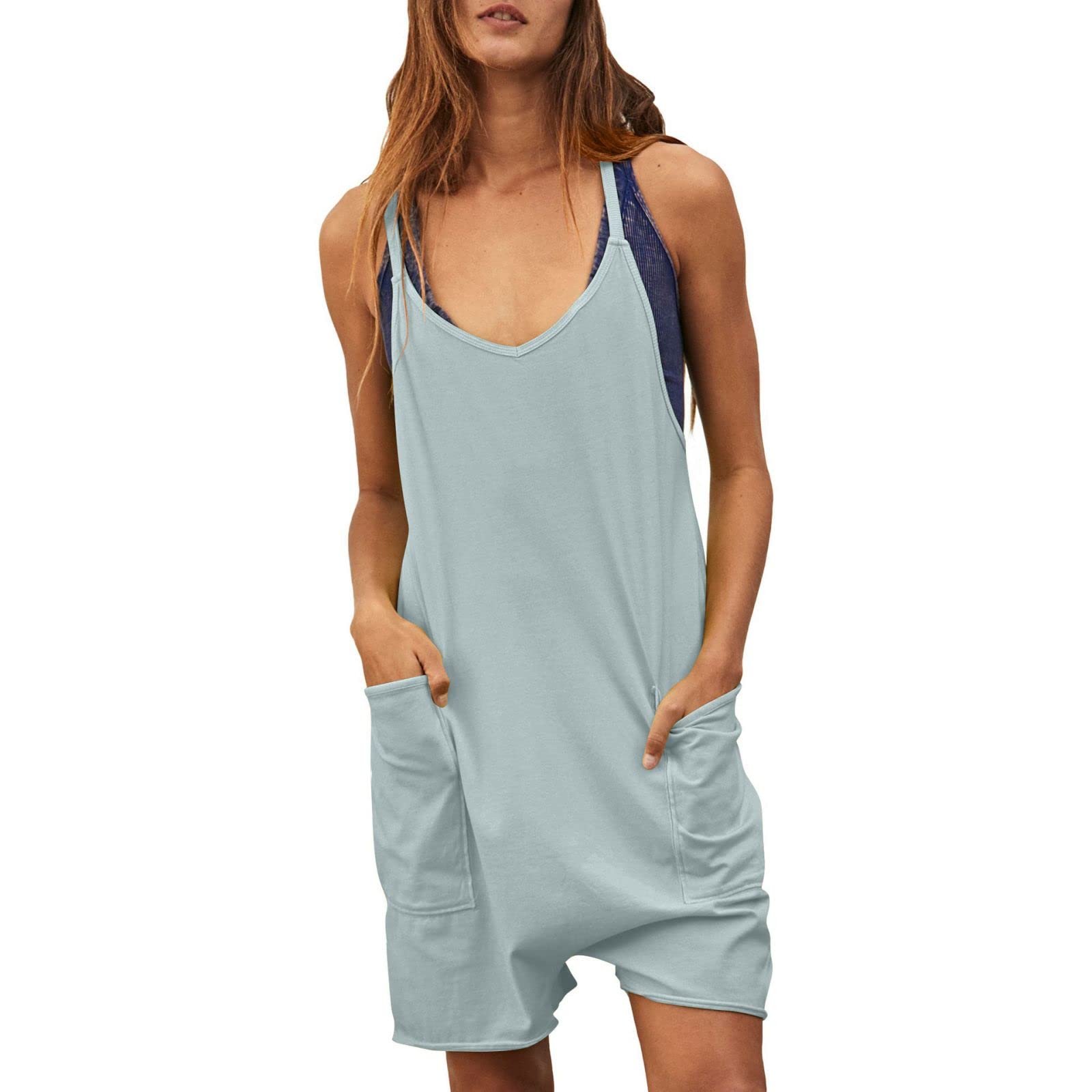 Women's Romper Jumpsuit Sleeveless Spaghetti Strap Shorts Loose Fit Casual Summer Overalls with Pockets
