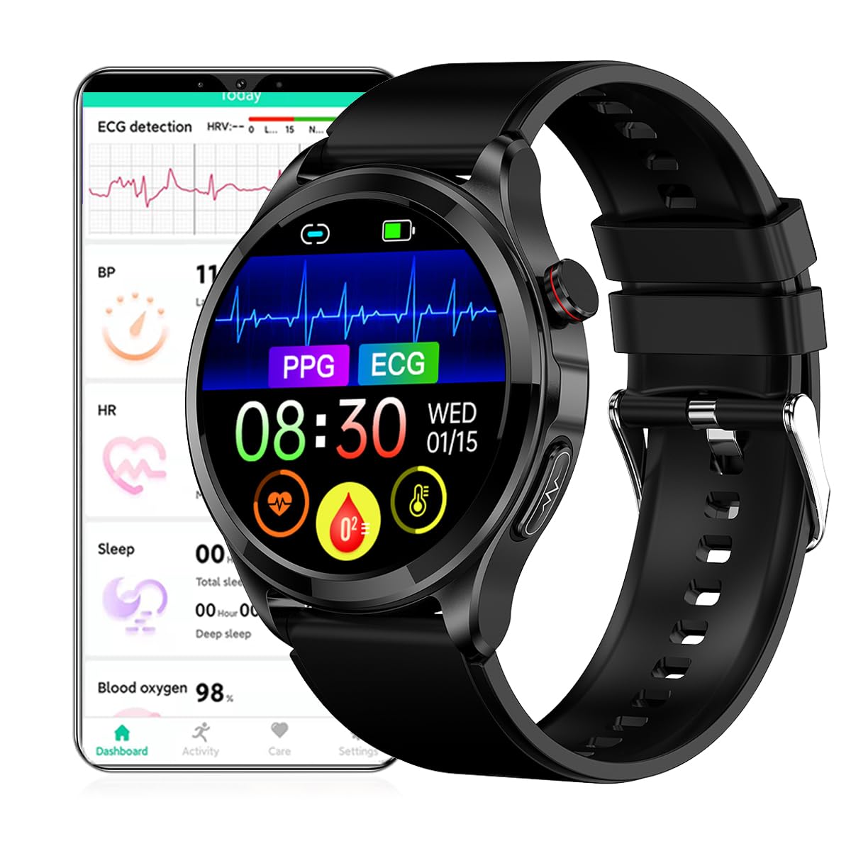 Reloj Inteligente ECG, 1,39 Pulgadas Impermeable Smartwatch con Presión Arterial, SpO2, Frecuencia Cardíaca, Mensajes y Recordatorio de Llamadas para Android iOS (Negro, TPU 22mm)