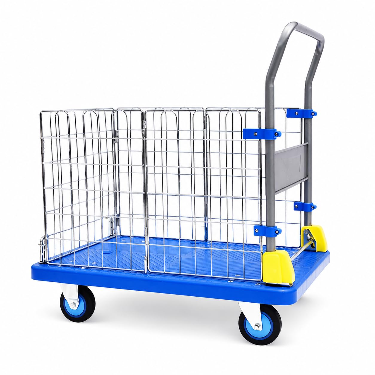 Plataforma de empuje azul de 72x48cm con valla extraíble y ruedas silenciosas para transporte