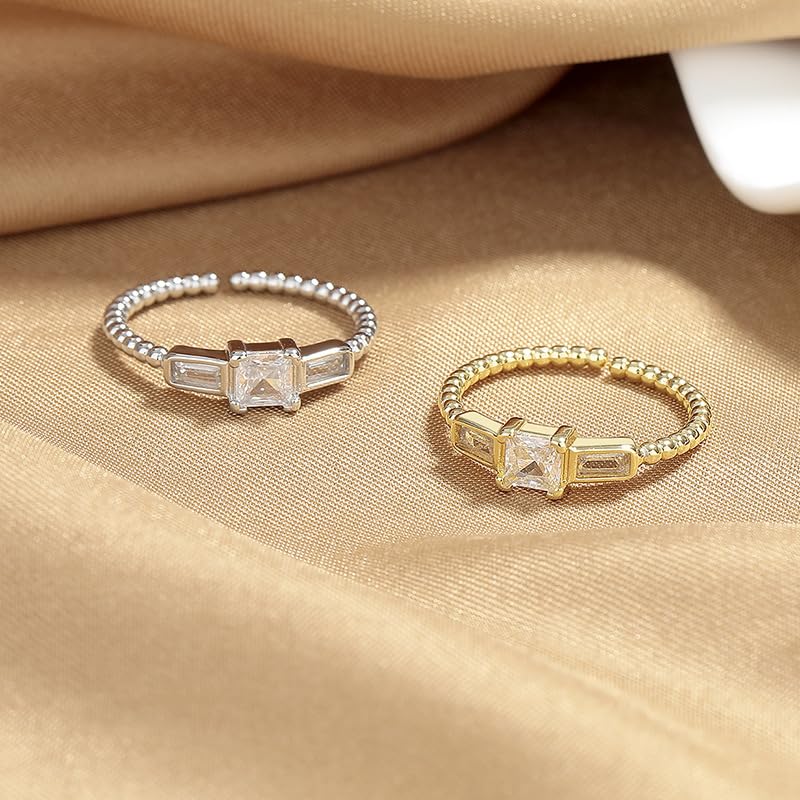 Sdouefos Wedding Bands for Women Open Stackable Yellow Gold Plated 925 Sterling Silver CZ Cubic Zirconia Engagement Rings for Her Sparkly Rectangular Zircon Diamond Adjustable Ring Gold3