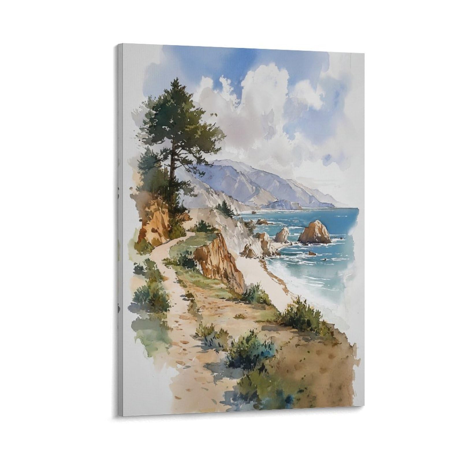 XWYMXZ Pebble Beach Watercolor Coastal 24x36inch(60x90cm) Vintage Travel Poster Watercolor Canvas Art