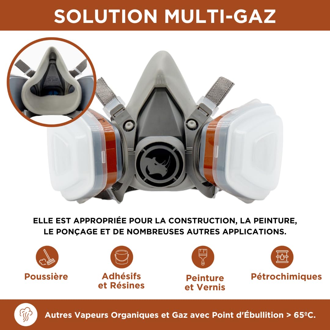 RHINO Housse de visage pour peinture, poussière, particules, produits chimiques, polissage machine vapeurs organiques, pollen et produits chimiques avec filtres cotons