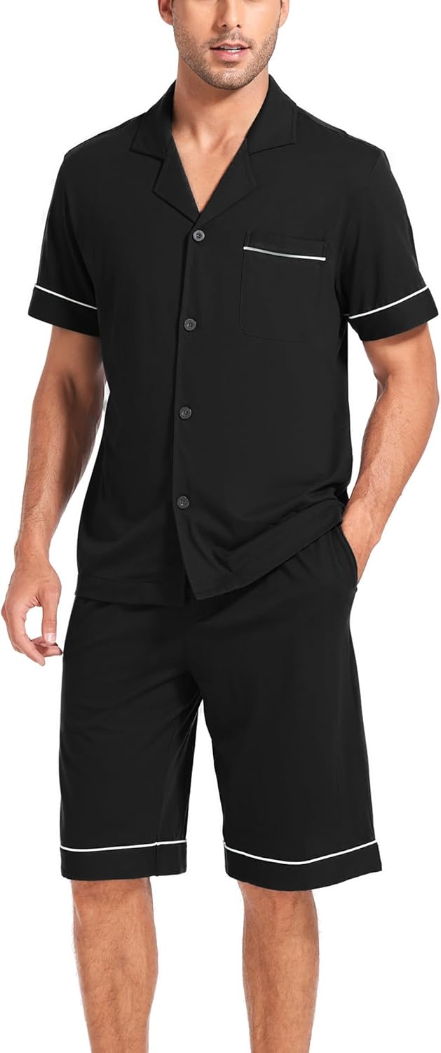 COLORFULLEAF Men's 100% Cotton Short Sleeve Pajama Sets Button Down Notched Collar Sleepwear Soft Lounge Pjs with Pockets - Image 7