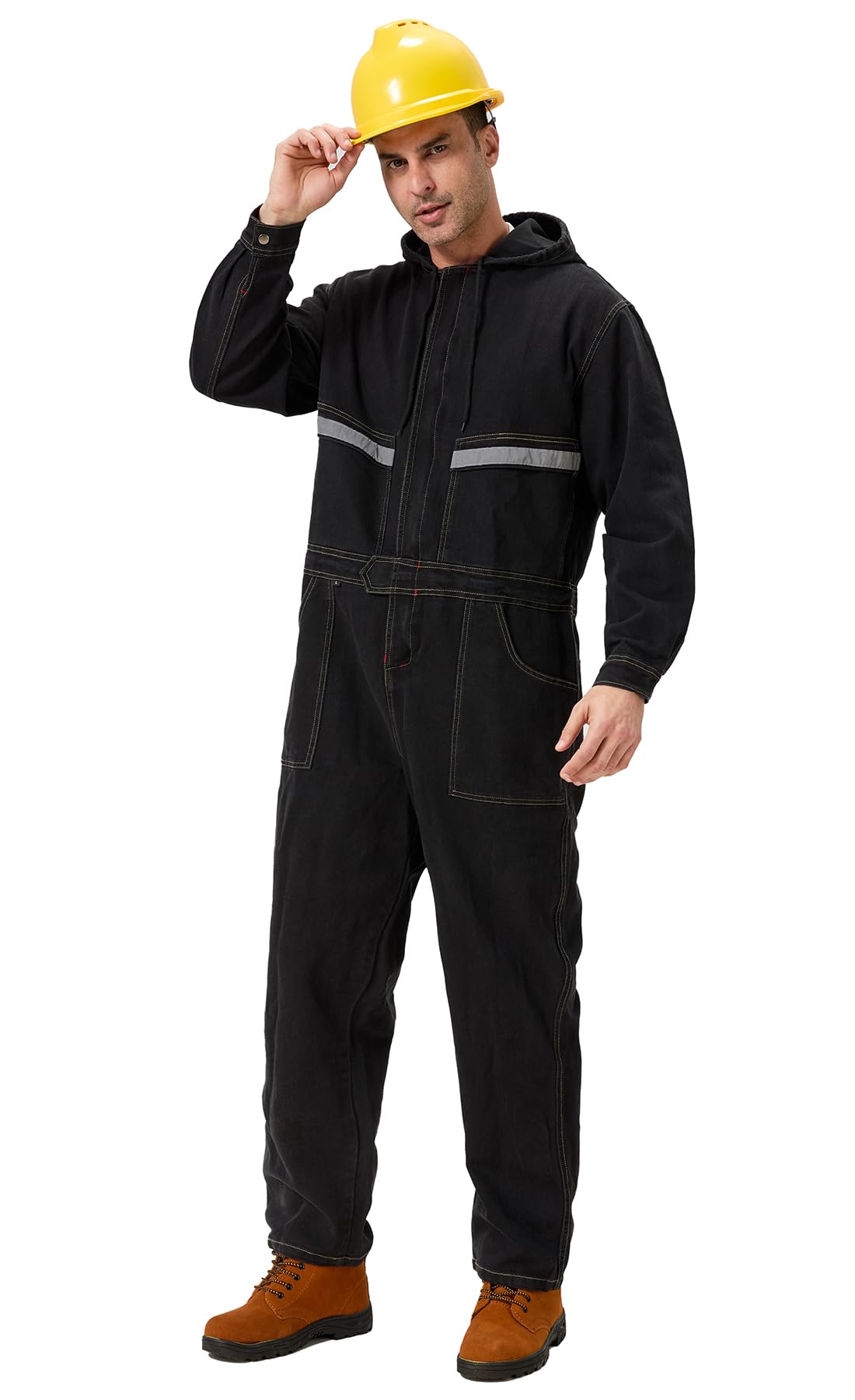 Overol de trabajo de mezclilla para hombre con capucha, overol de trabajo resistente, de alta visibilidad, con pantalones vaqueros, color negro, talla M