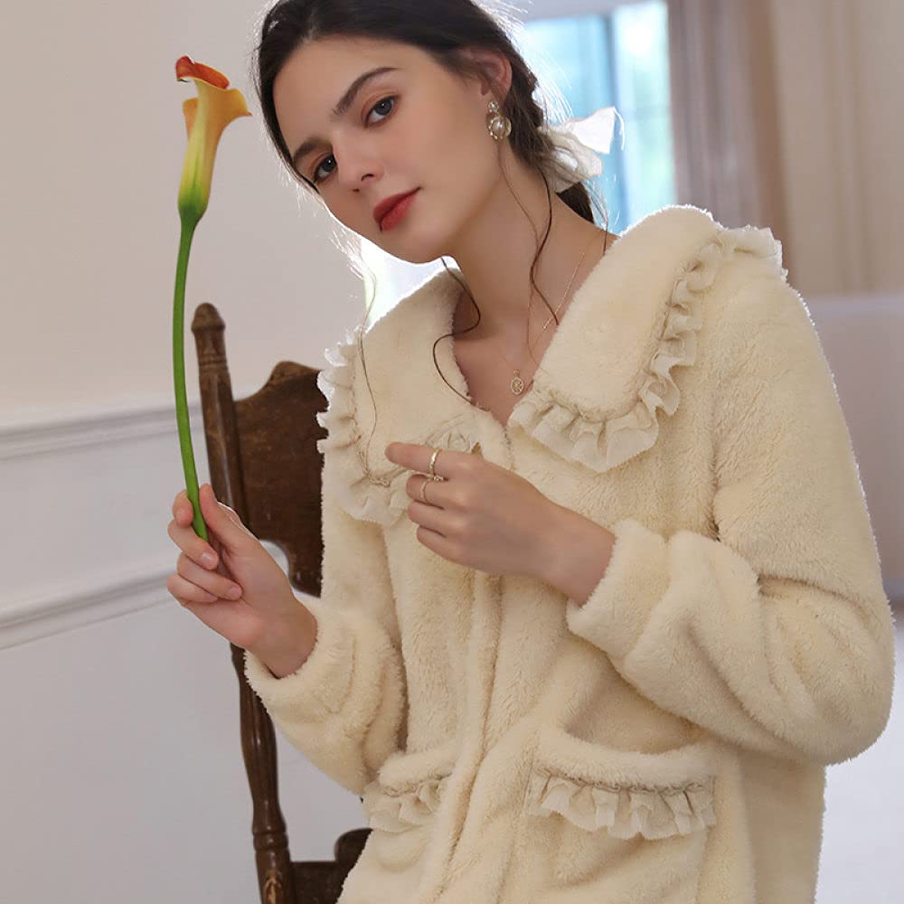 Mujer Camisón,Camisones De Mujer De Manga Larga Botón De Albaricoque De Moda Espesar Camisón De Franela Suave Cuello De Solapa Suelto Bata Informal Camisón Largo Ropa De Hogar De Invierno
