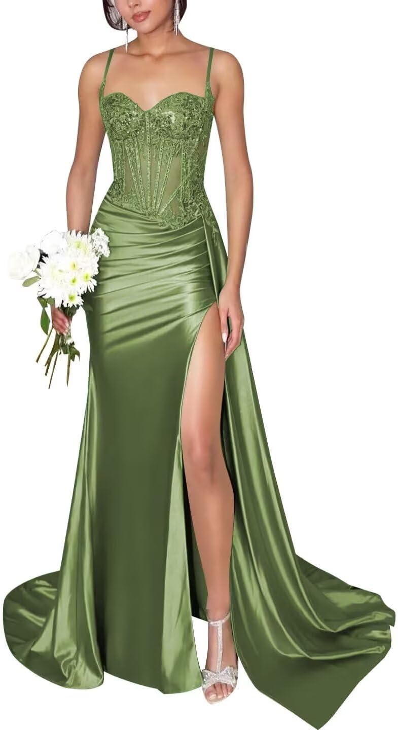 Satin Mermaid Prom Dresses Long Spaghetti Strap Lace Appliques Pleated Formal Party Dress with Slit