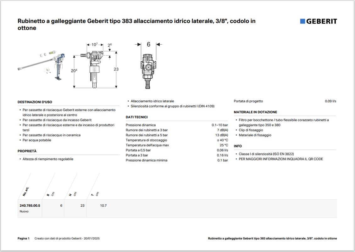 Geberit Schwimmerhahn Typ 383 mit seitlichem Wasseranschluss 3/8" Messingschaft 240.785.00.5