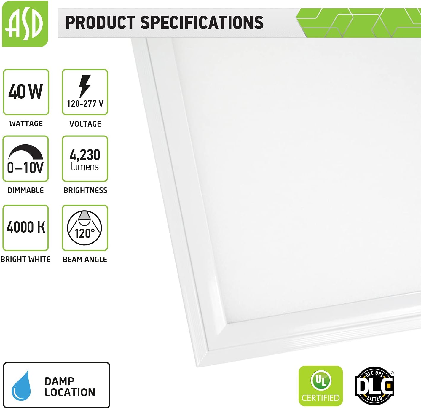 Product Specifications for ASD LED Flat Panel Light