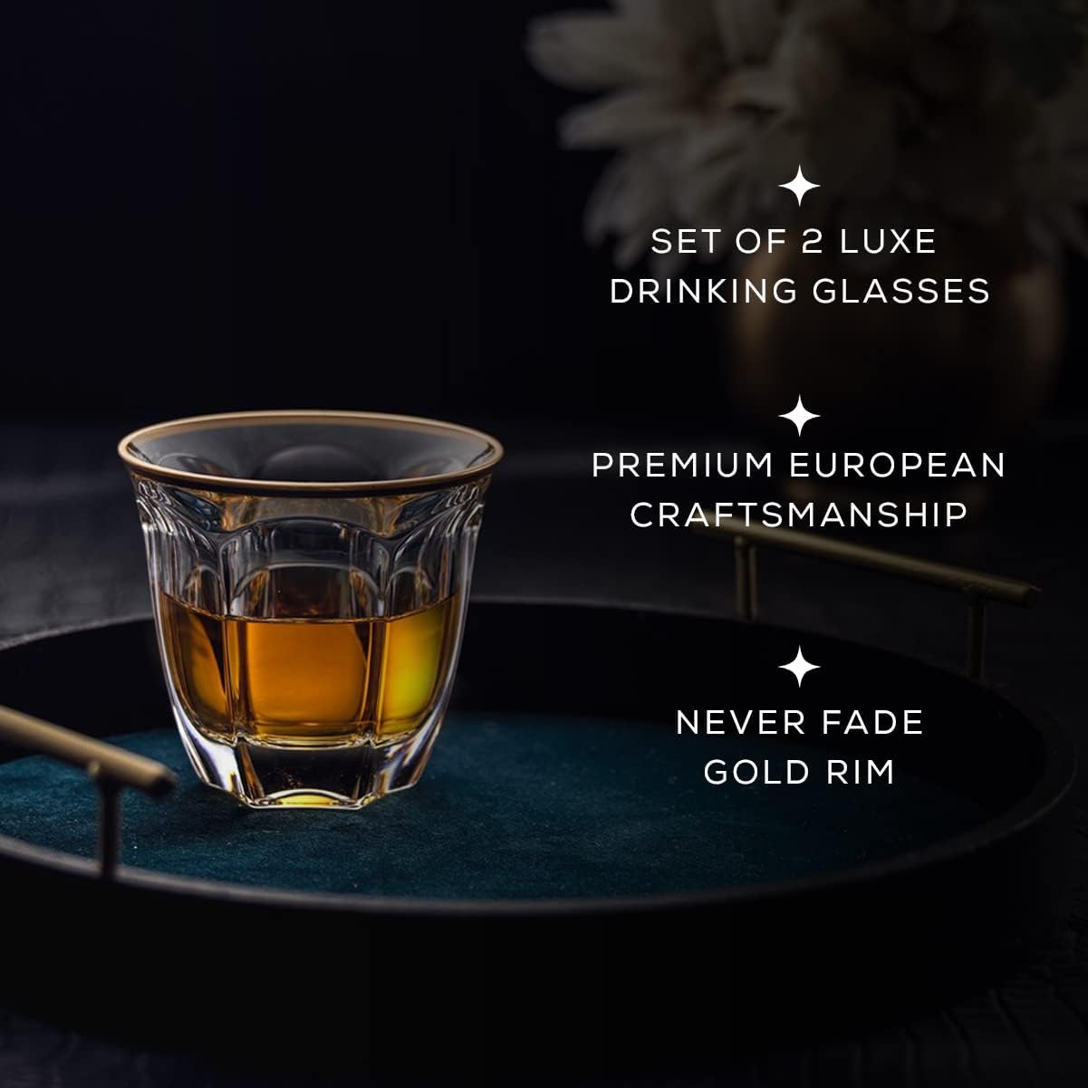 JoyJolt Windsor Gold Rim Double Old Fashioned Glass Whiskey Set. 2 Crystal Bar Glasses, 7.4oz. Whiskey Glasses.