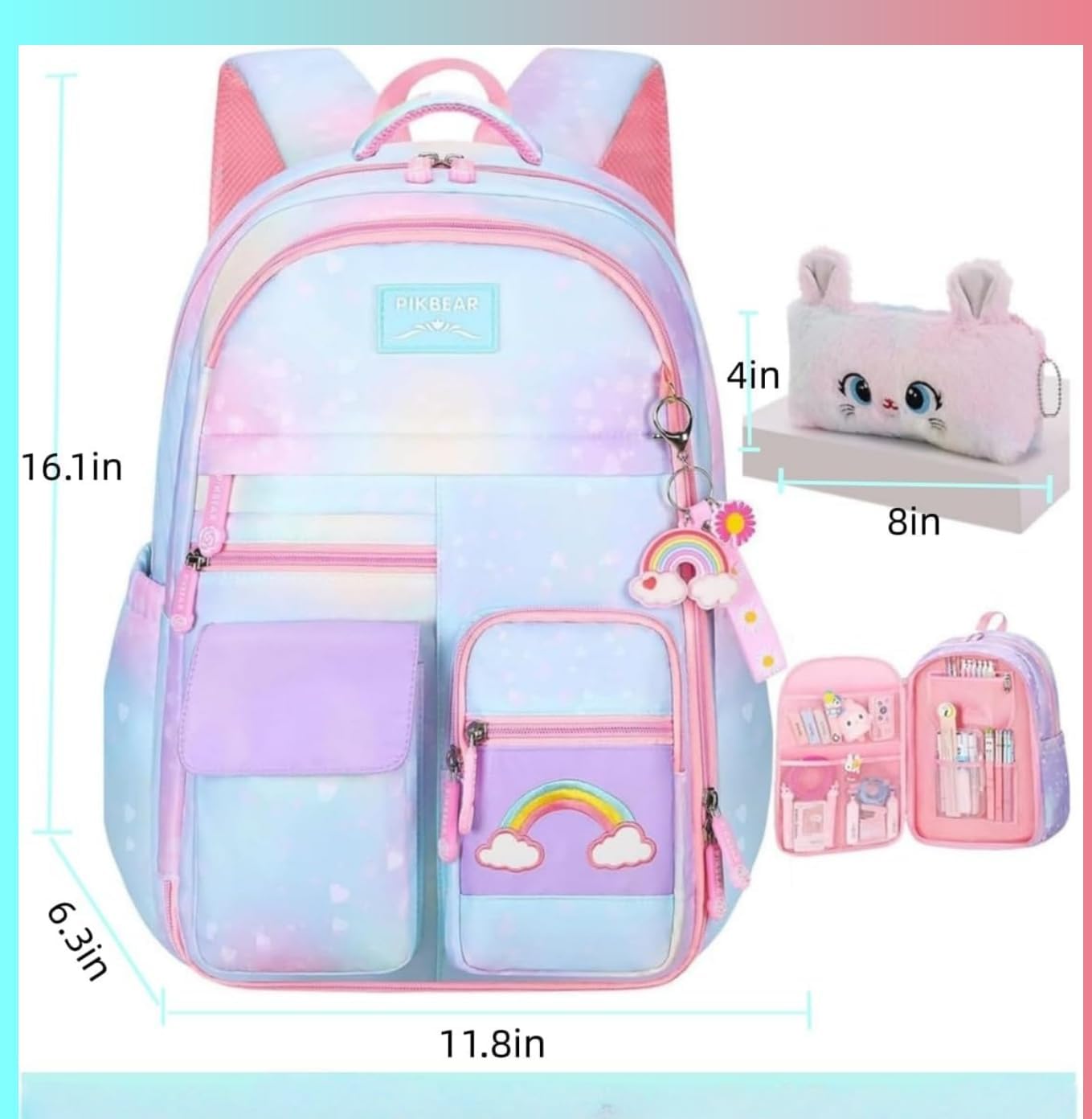 Girls Backpack,Rainbow Backpack for Girls-Kawaii Blue School Bookbag, Lightweight Large Capacity Kids Backpack for Travel & Daily Use