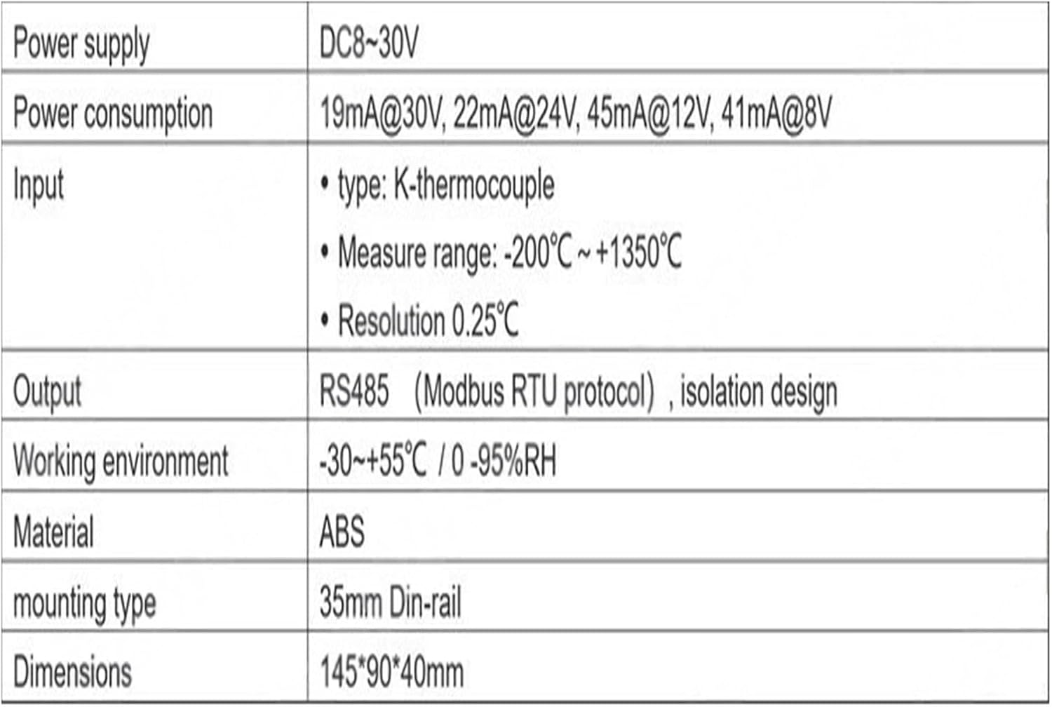 Table of technical specifications for the temperature acquisition module