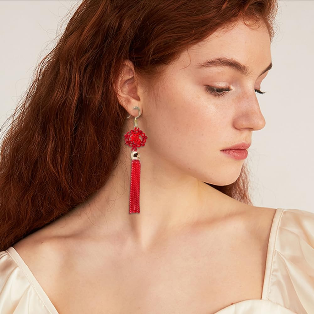 Chinese Fu Red Tassel Dangle Earring for Womens Ladies Love Lucky Pretty Dangling Drop Earrings Crystal Charms Sterling Silver Post Hypoallergenic Fish Hook Dainty New Year Festival Jewelry - Image 2