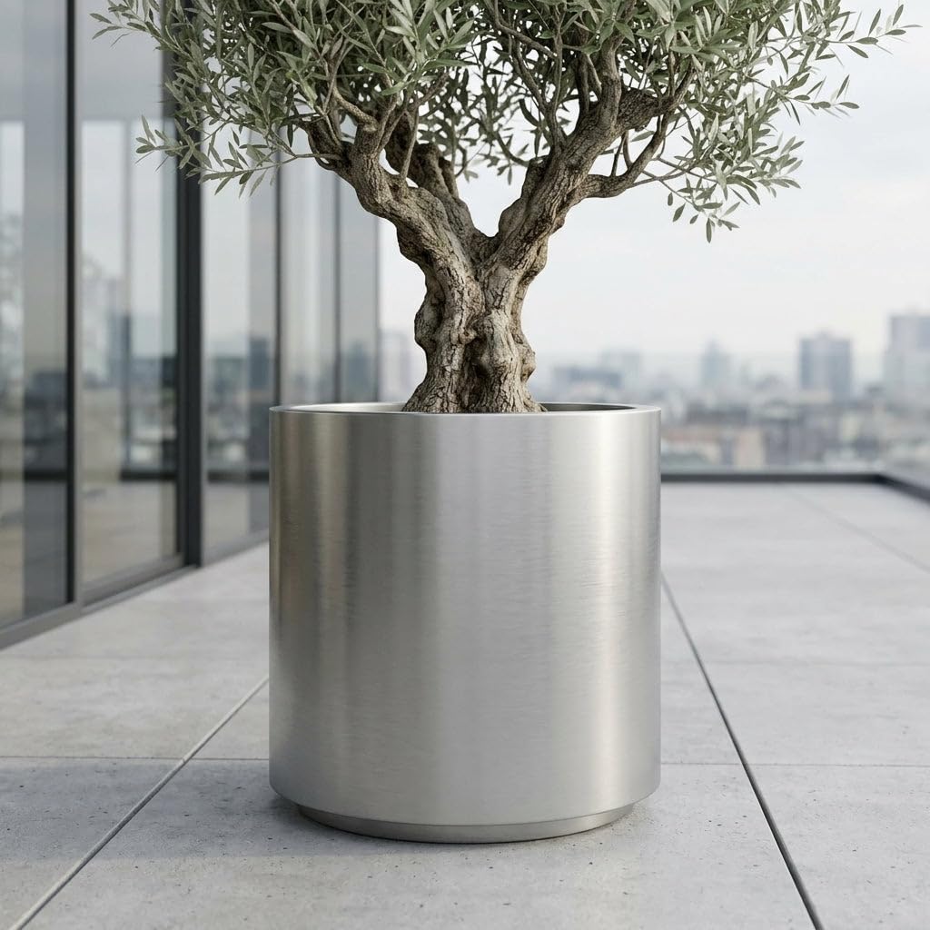 Metropole Edelstahl Pflanzkübel Ø40 x H50 cm Silber — Pflanzgefäß groß frostbeständig handgefertigt rostfrei Outdoor Indoor Garten Terrasse Balkon