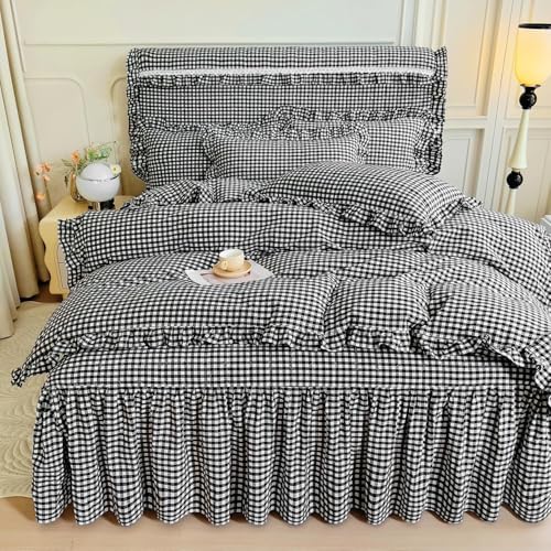Image of LifeTB Black Gingham Comforter Set King Ruffle Checkered Plaid Comforter Set 3 Pieces Boho Grid Bed Comforter with 2 Pillowcases Fluffy Soft Vintage Checkered Lightweight Gingham Bedding Set King