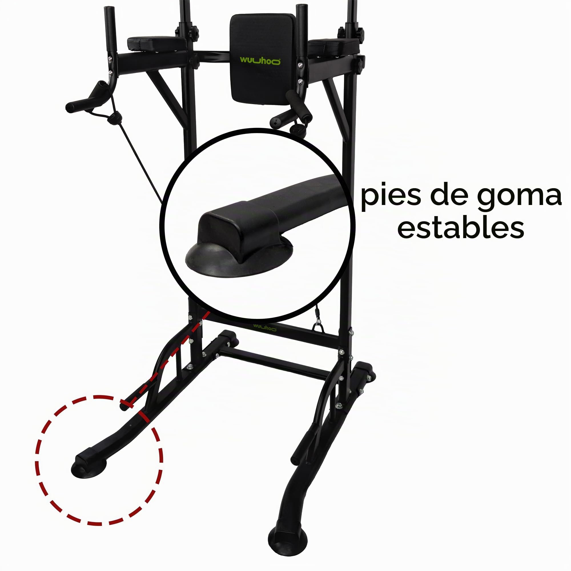 wuuhoo® Rack Multifuncional - Estación de Dips y Pull-Ups con Respaldo, Cuerda de Tracción y Cuerda de Tensión hasta 150kg de Capacidad