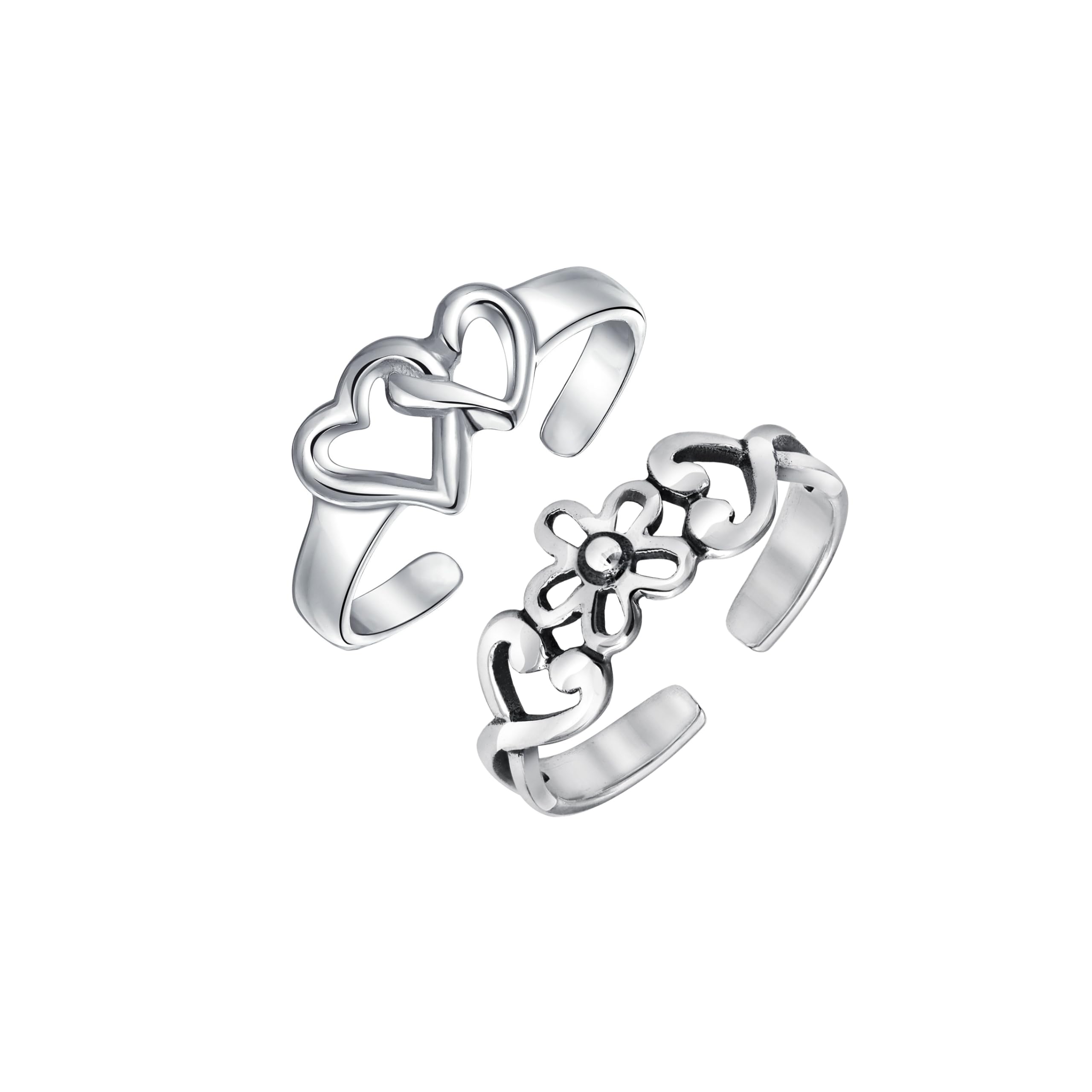 Set di Due Anelli Romantici a Doppio Cuore Aperto Intersecato con Intaglio di Fiori e Motivo a Spirale per Donne e Adolescenti, Lucidato in Argento Sterling .925 Regolabile.