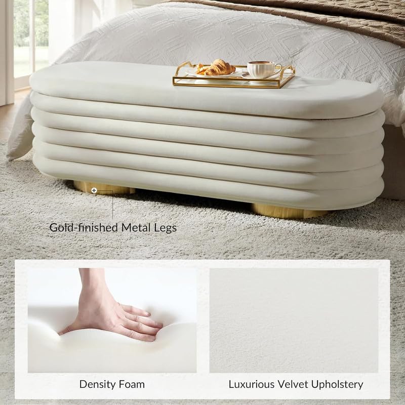 Fabrique Bloomberry Velvet Fabric 2-Seater Ottoman (Cream) | Multipurpose Storage Chest & Sofa Bench for Living Room, Bedroom & Hall | Stylish Seating with Hidden Storage | 5 Year Warranty 3