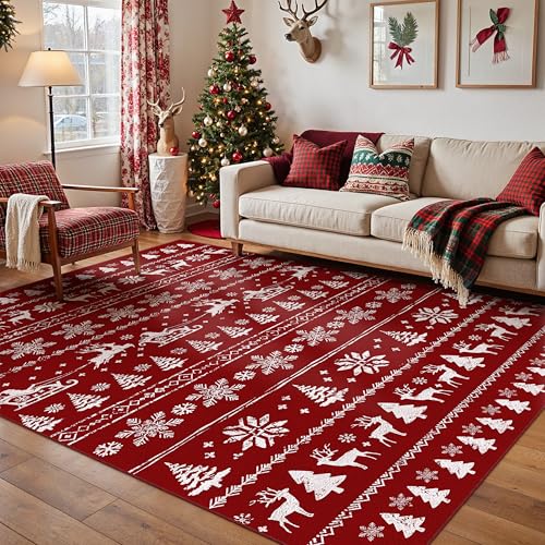 PureCozy Wohnzimmer Teppich Weihnachtsteppich, 160x230 cm Weihnachtsmann Elch Waschbar rutschfest Weihnachtsdeko Carpet für Schlafzimmer KüChe Esszimmer BüRo, Innen Roter Weicher Kurzflor Ru