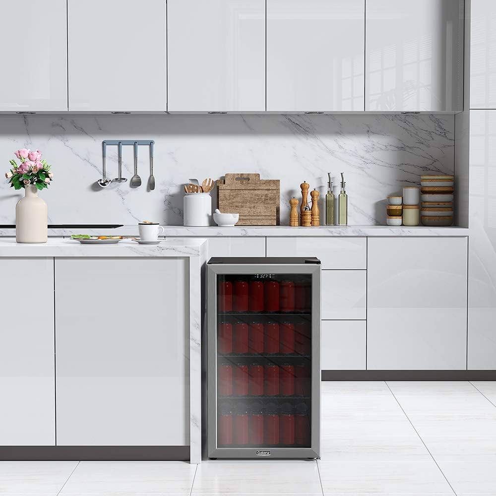 Galanz Beverage Refrigerator Cooler - 130 Can Mini Fridge with Reversible Glass Door & Adjustable Shelves for Soda Beer or Wine - Small Refrigerator for home office or Bar Stainless steel GLB36MS2F07 : Everything Else