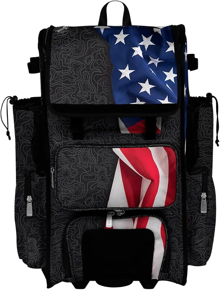 Boombah Rolling Superpack 2.0 Baseball/Softball Gear Bag - 23-1/2" x 13-1/2" x 9-1/2" - Telescopic Handle - Holds 4 Bats - Wheeled Version - USA Nation Black/Royal Blue/White