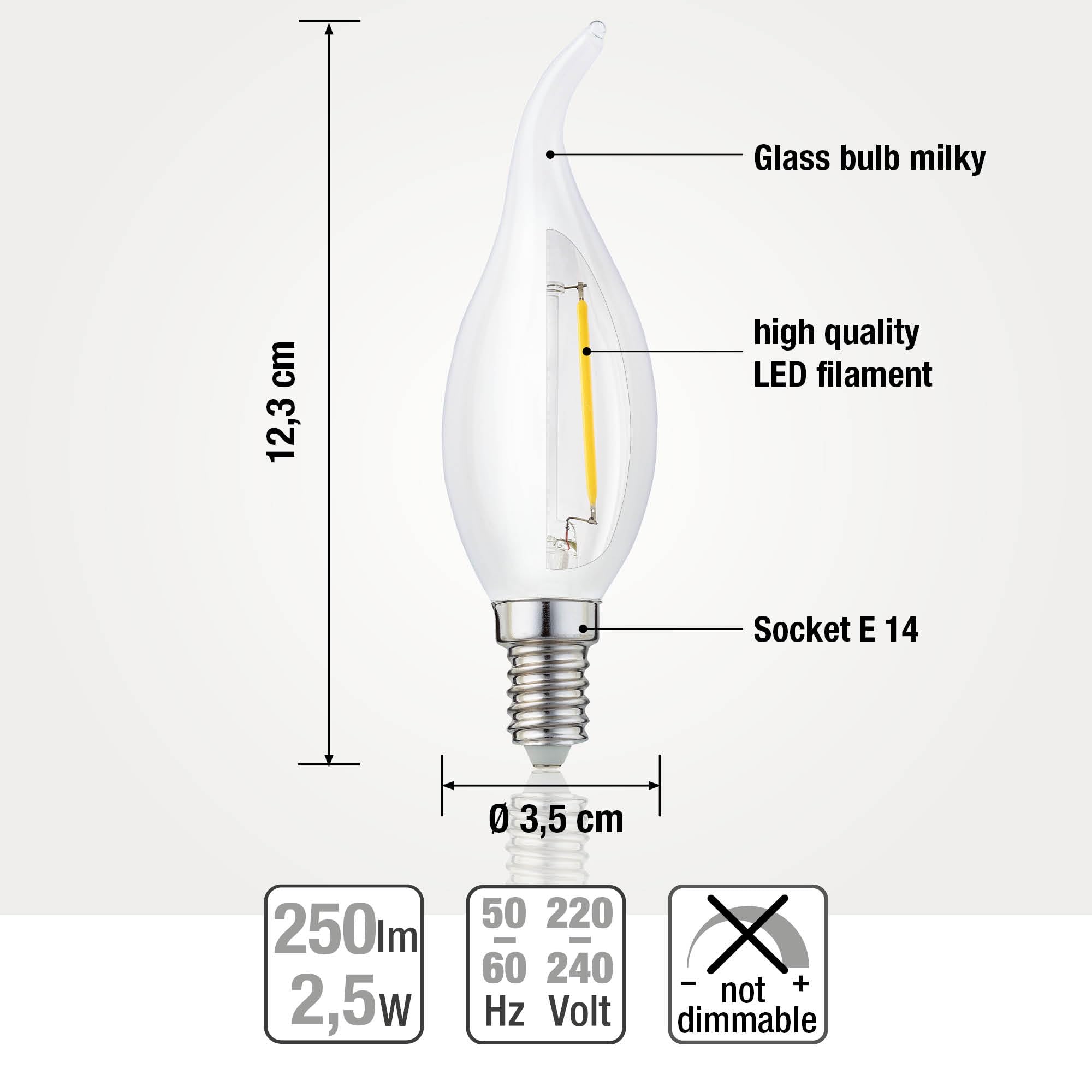 Hellum 10 ampoules bougie à effet souffle E14 LED blanc chaud, 250 lumens Ampoule bougie à effet souffle E14 2,2 W Équivaut à une ampoule bougie de 25 watts, 2700 kelvins blanc chaud mat 220292