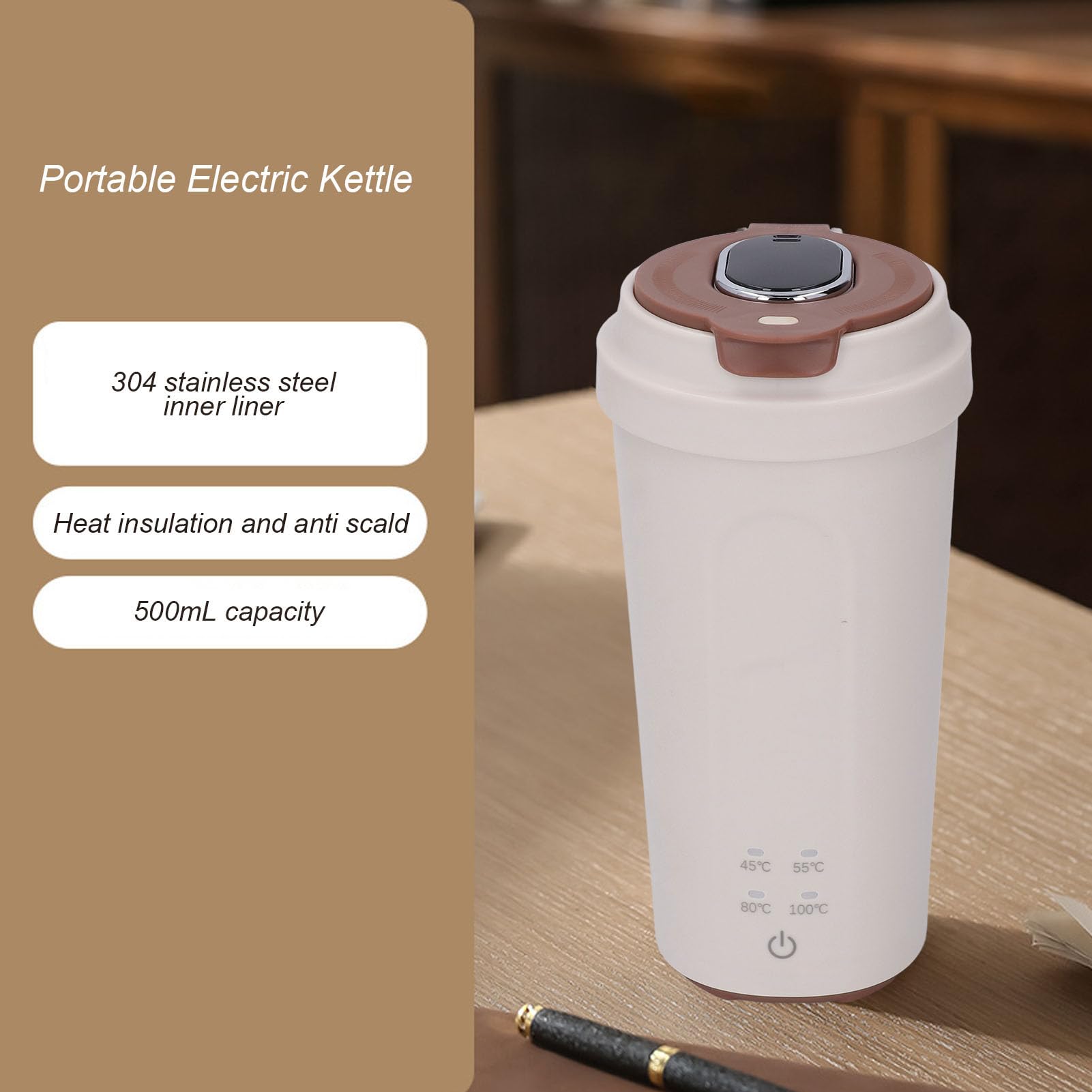 Hervidor Eléctrico Portátil 500 Ml, Caldera de Agua de Viaje de 300W Recargable, Calentador de Botter para Fórmula para Bebés, té y café