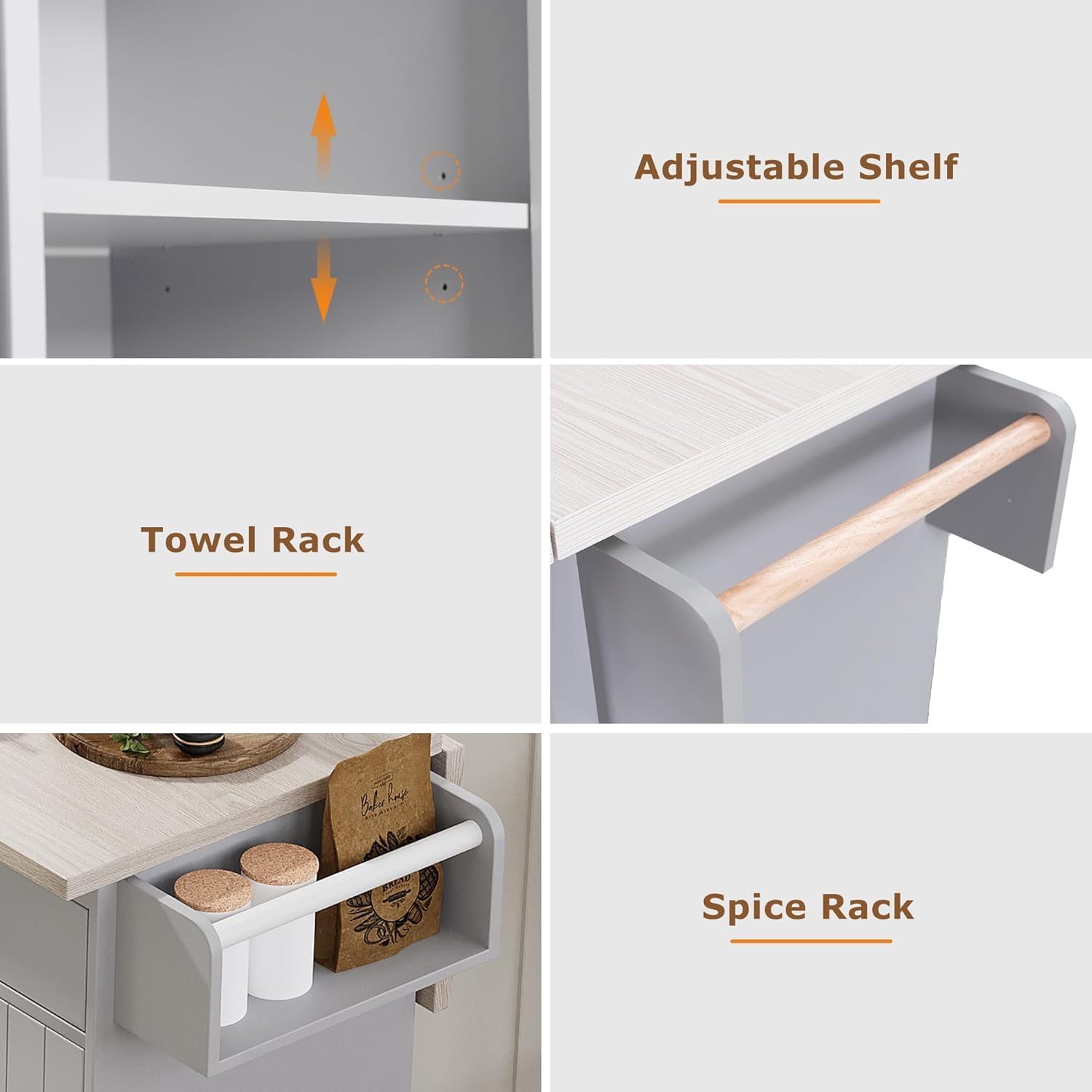 Virubi Kitchen Island with Trash Can Storage Cabinet and Drop Leaf,Rolling Kitchen Island on Wheels, Spice Rack, Towel Rack and Drawer, Adjustable Shelf (Grey)