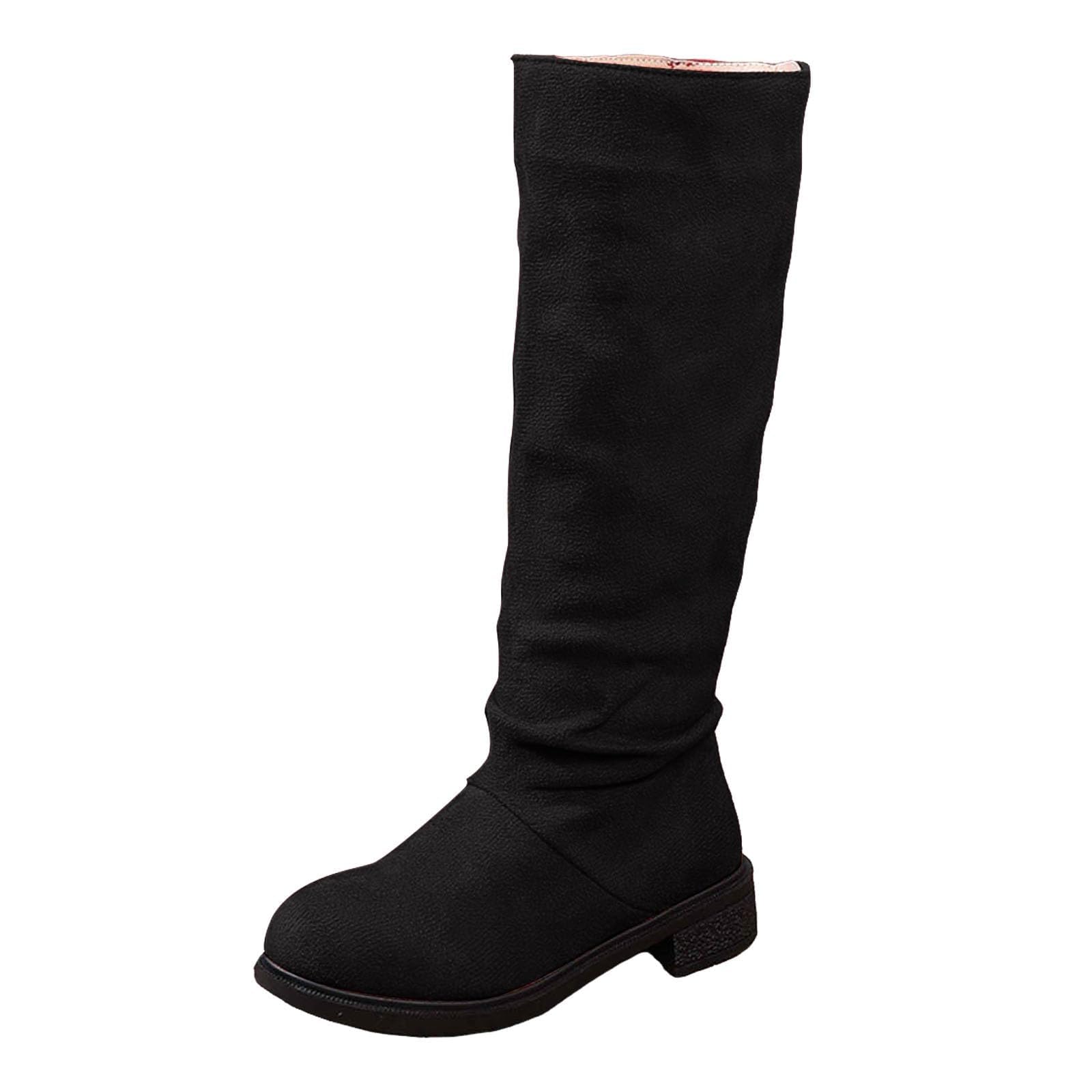 Womens Suede Knee High Boots Wide Calf Low Heel Slouch Boots Round Toe Side Zipper Long Booties Comfortable