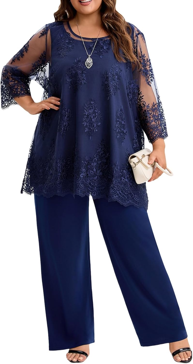 Plus Size Mother of The Bride Pantsuit Outfit Elegant Lace Embroidered 2 Piece Womens Formal Wear for Wedding Guest
