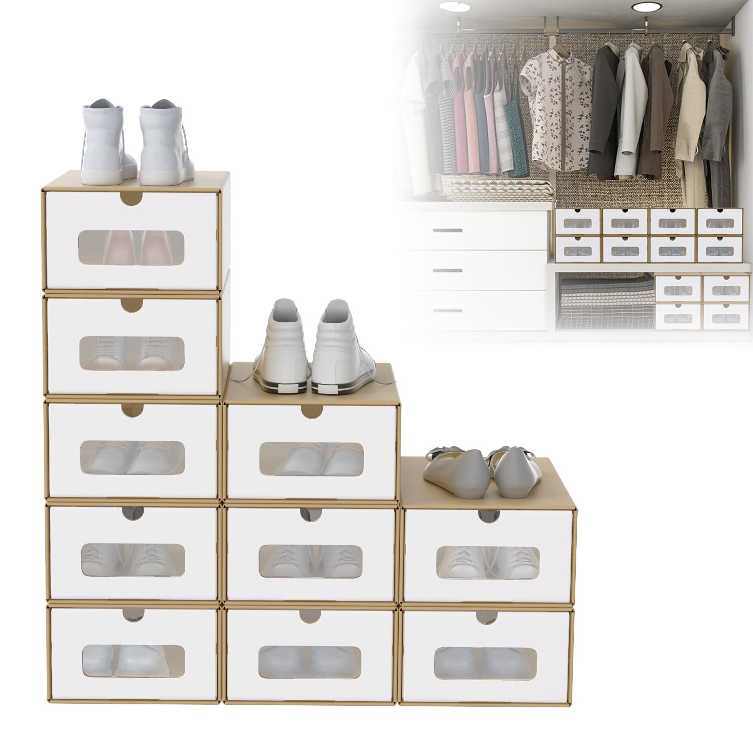 UISEBRT 30er Boxen-Set,Schuhboxen Stapelbar,Aufbewahrungsbox Schubladen mit Transparentes Sichtfenster,Schuhkarton Ordnungsboxen für Kinderzimmer,Büro,Wohnzimmer,Schlafzimmer, Braun