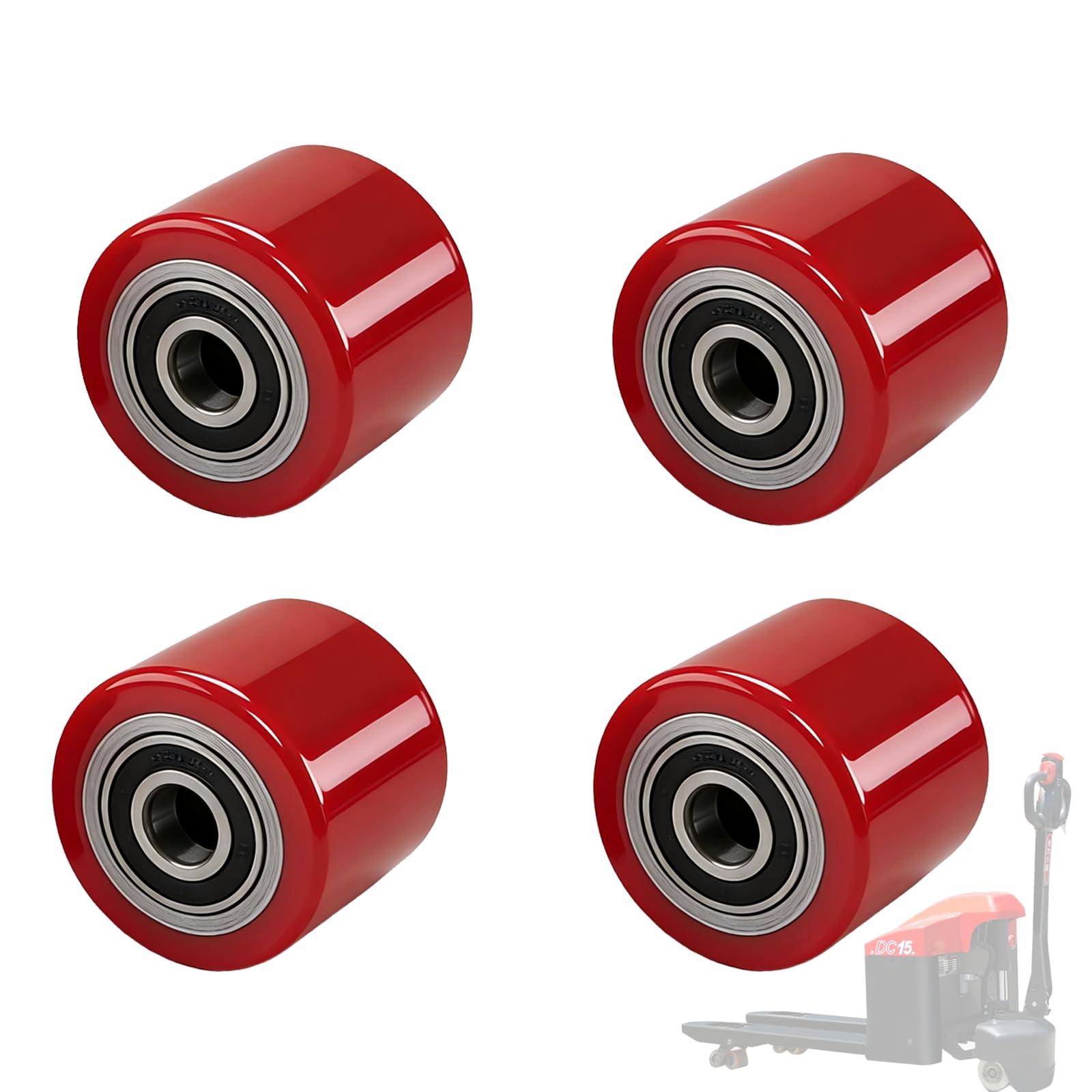 4 Stück Hubwagen rollen Polyurethan 80 x 70 mm,Achse 20 mm,Max 600 KG,Rot | Rollen mit kugellager,Hubwagen ersatzteile,Abriebfester,für Hubwagen Ersatzrollen,schont den Boden,geräuscharm