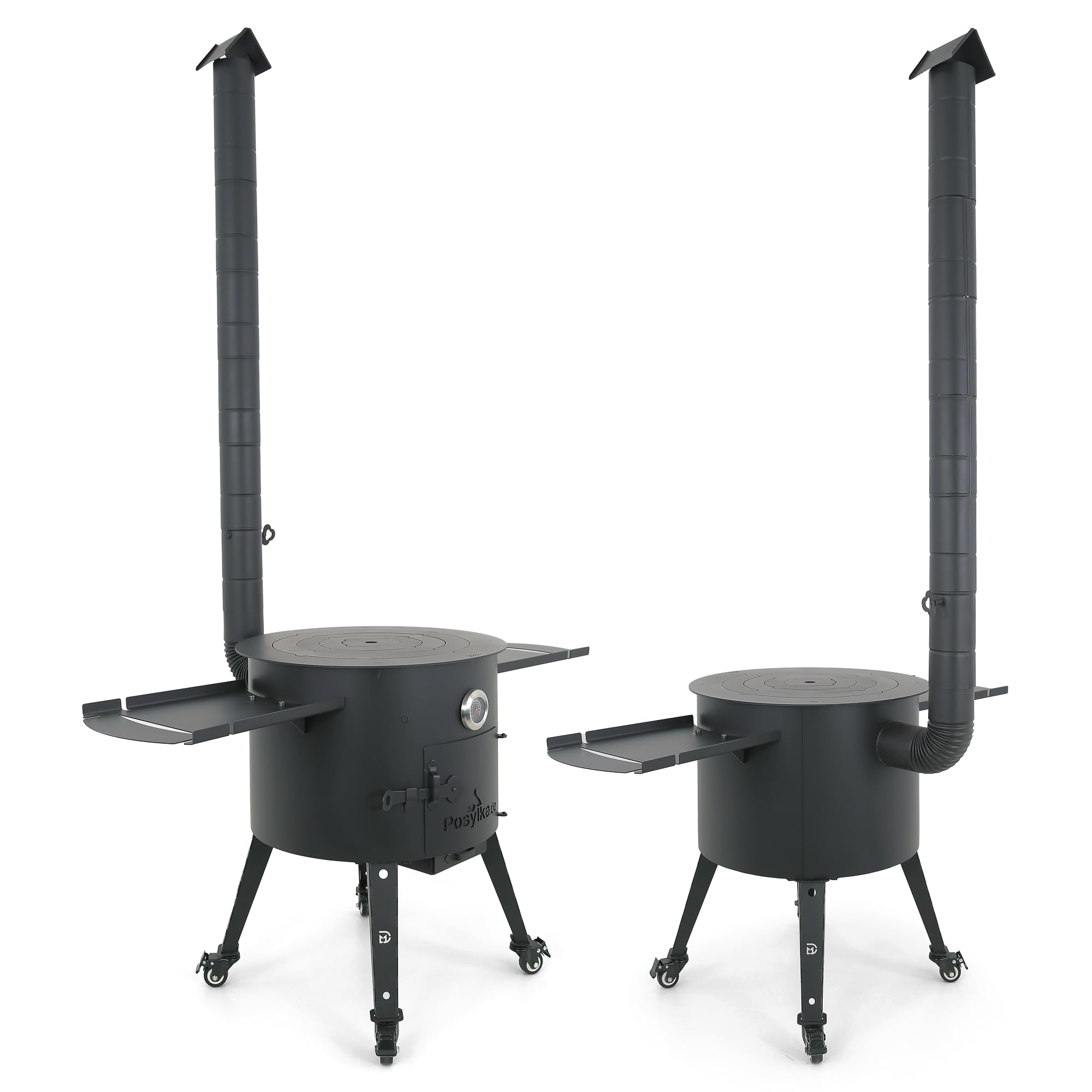 Utschak Feuerofen Ø 49cm für Kazan Wok 22L | Uchag mit Abzugsrohr & Rohrverlängerung, Ablagetisch, Räder | Учаг Feuerschale Gulaschkanone | Usbekische Plov Kasan Grill Feldküche (Mit Adapter-Ringen)