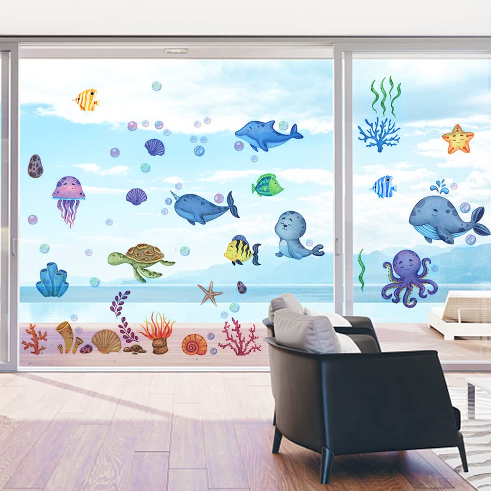 YunBey Pegatinas de Pared Infantiles, Bajo el Mar Vinilos Decorativos, Delfín Tropical Peces Tortuga Adhesivos Pared para Bebé Dormitorios, Guardería, Baño