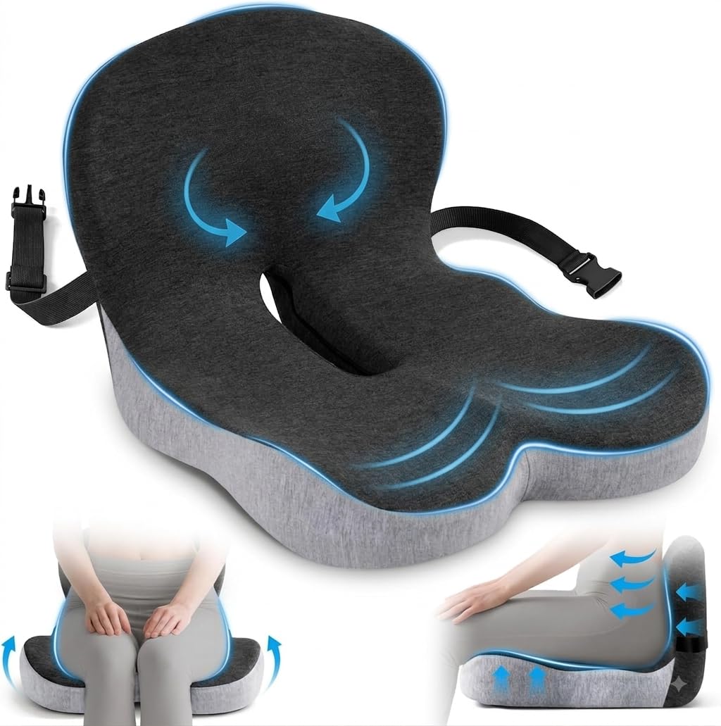 Coussin Lombaire Chaise Bureau, Coussin Lombaire Voiture, Coussin Ergonomique Assise, Conception en Forme De L avec Sangle Réglable, pour Bureau, Voyage