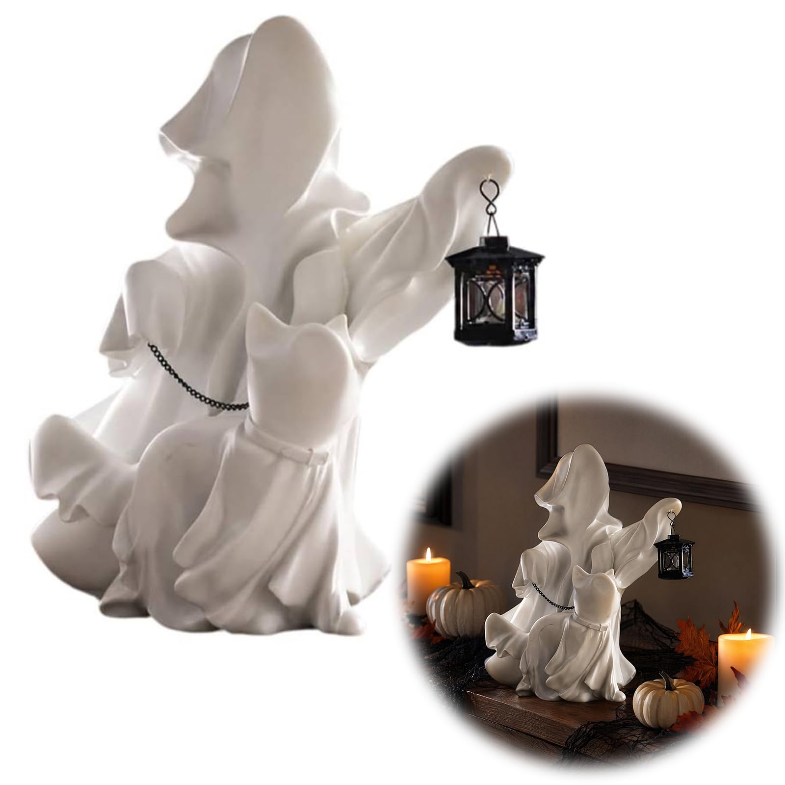Halloween-Harz-Geist- und Katzenfigur for Wohnzimmer, Büro, Zuhause, 25 cm | Geister- und Katzenstatue aus Harz for Halloween und saisonale Heimdekoration