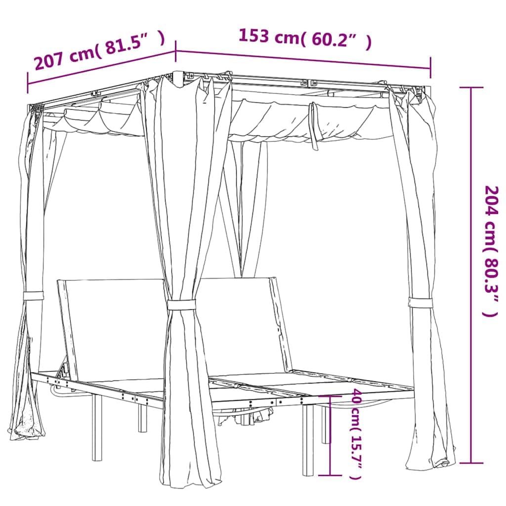 Chaise longue double avec rideaux et auvent anthracite, acier revêtu par pulvérisation, 207 x 153 x 204 cm, chaise longue de jardin pour terrasse et piscine