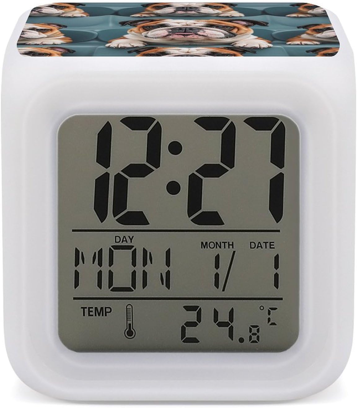 Funny English Bulldog Night Light Alarm Clock LED Display Alarms for Bedroom Smart Digital Alarm Clock Wtih 7 Colorful Ambient Lights Sleep Timer for Heavy Sleepers Simple Operation