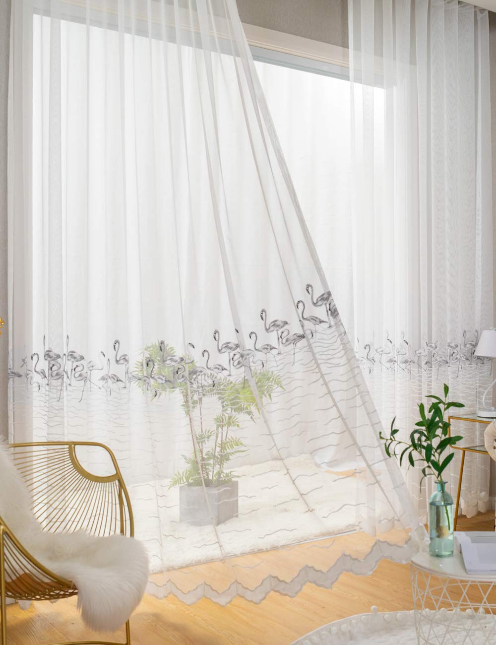 Lactraum - Tenda per cameretta Bambina, in Voile con Ricamo in Stile Fenicottero, Colore: Bianco Trasparente, Weiß Flamingo mit Ösen, 300 x 245 cm