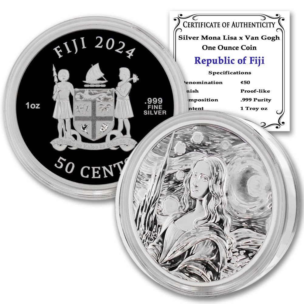 2024-1 oz Fiji Silver Mona Lisa x Van Gogh Starry Night Coin Proof-Like with Certificate of Authenticity $0.50 Seller PL