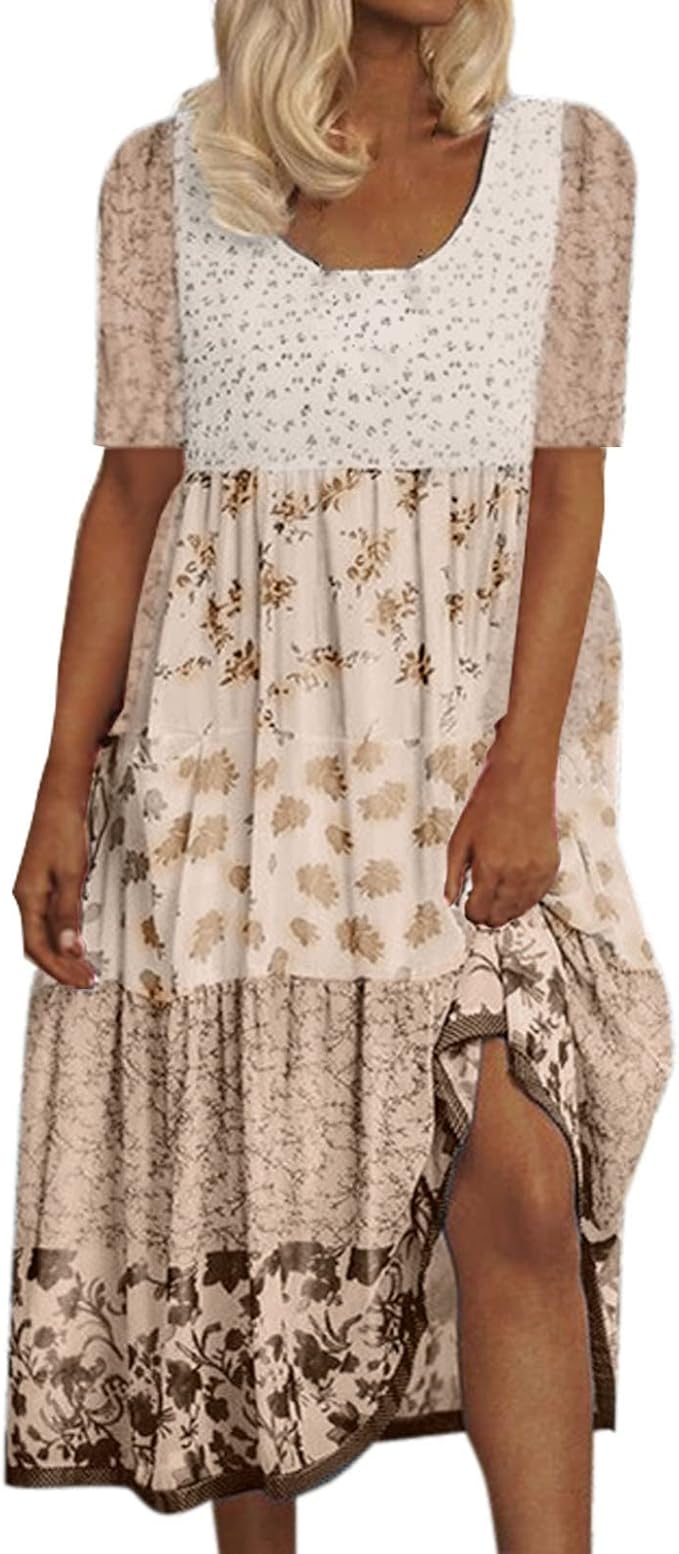 Amazon 白 ワンピース レディース ボヘミアン フローラル プリント セクシー ラウンドネック 半袖 ビーチフローリーパーティー マキシドレス 可愛い ファッション 春 夏 イブニングドレス 通販