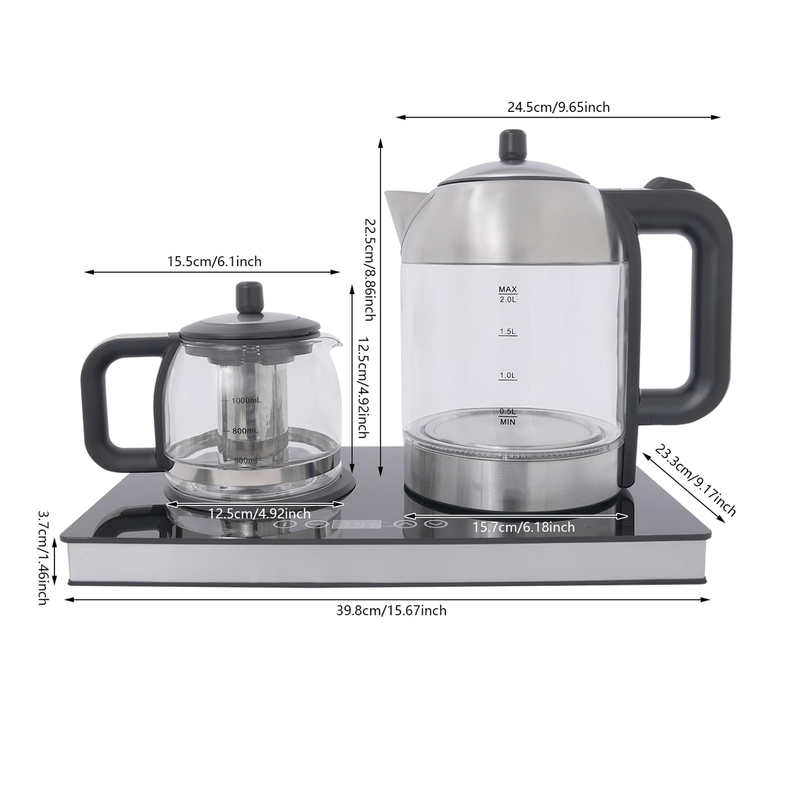 Hervidor eléctrico de 1500 W, multifunción, tetera con pantalla táctil | 2L (hervidor de agua) 1 L (tetera), taza de tetera a presión con función de apagado automático, protección contra