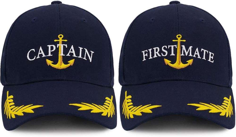 Captain Hat & First Mate | Matching Skipper Boating Baseball Caps | Nautical Navy Marine Sailor Hats